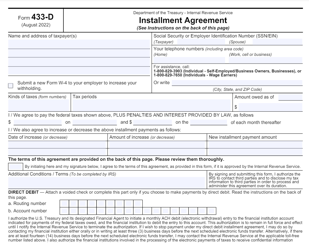 IRS INSTALLMENT FORM 433-d - Accounting, Bookkeeping & Tax Prep ...